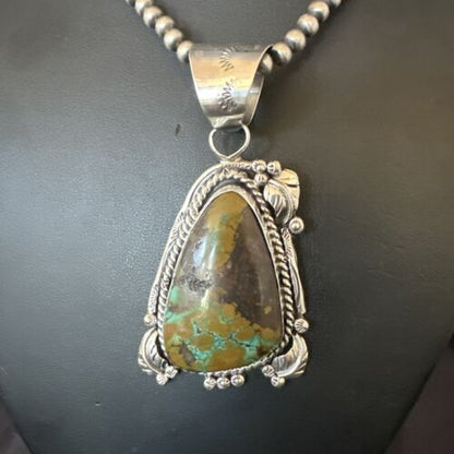 Men's Navajo Green Turquoise Pendant Necklace | Sterling Silver | Authentic Native American Handmade | 17531