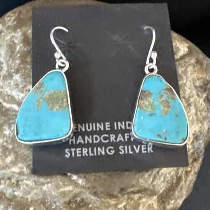 Navajo Blue Turquoise Dangle Earrings | Sterling Silver | Authentic Native American Handmade | 15438