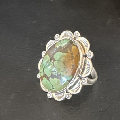 Navajo Green Spiderweb Turquoise Ring | Sterling Silver | Sz 10.5 | Authentic Native American Handmade | 15503