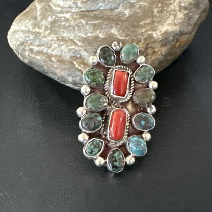 Navajo Spiderweb Turquoise Coral Cluster Ring | Authentic Native American Sterling Silver | Multi-Stone | Sz 10 | 17183