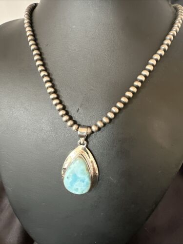 Navajo Blue Larimar Pendant Necklace | Sterling Silver Beads | Authentic Native American Handmade | 17602