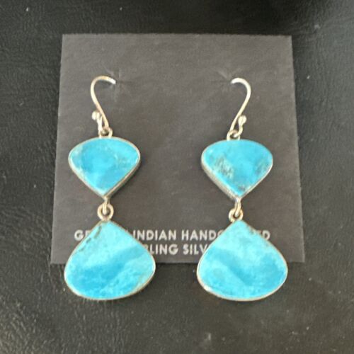 Navajo Blue Kingman Turquoise Dangle Earrings | Sterling Silver | Authentic Native American Handmade | 15101