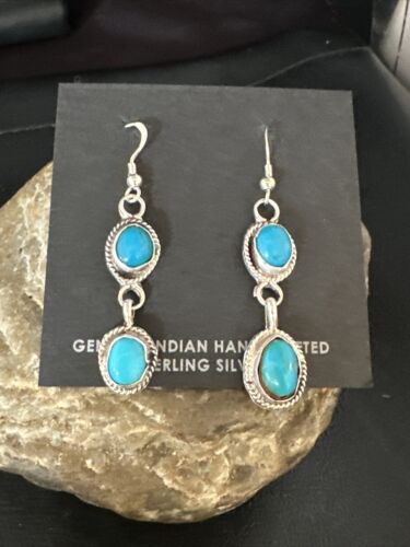 Kingman Turquoise Dangle Earrings | Navajo Handmade | Sterling Silver | Authentic Native American | 14868