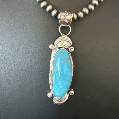 Navajo Kingman Turquoise Pendant Necklace | Sterling Silver Pearls | Authentic Native American Handmade | 15212 - Masha USA
