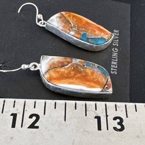Navajo Blue Turquoise & Orange Spiny Oyster Inlay Dangle Earrings | Sterling Silver | Authentic Native American Handmade | 15580