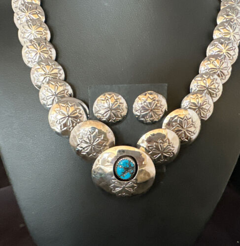 Navajo Sterling Silver Turquoise Pillow Stamped Bead Necklace Set | Authentic Native American Handmade | 15130