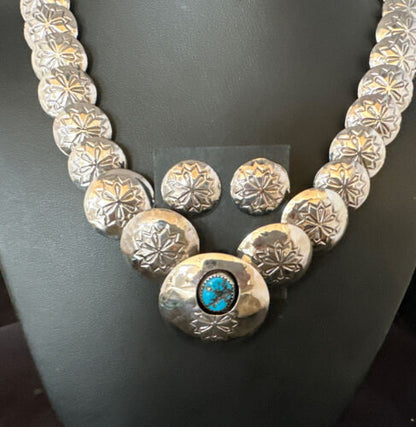 Navajo Sterling Silver Turquoise Pillow Stamped Bead Necklace Set | Authentic Native American Handmade | 15130