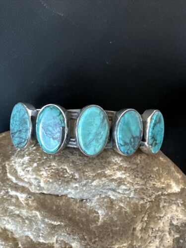 Women's Blue Turquoise 5-Stone Cuff Bracelet | Navajo Sterling Silver | Authentic Native American Jewelry | 16165