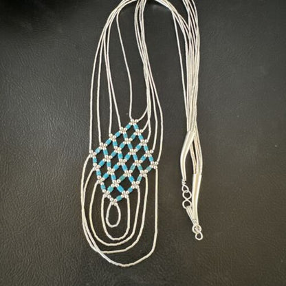Crisscross Blue Turquoise Heishi Necklace | 5 Strand Liquid Sterling Silver | 22" | 15880