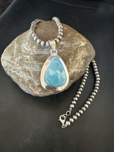Navajo Blue Larimar Pendant Necklace | Sterling Silver Beads | Authentic Native American Handmade | 17569 - Masha USA