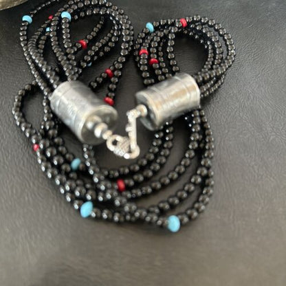 Navajo Black Onyx Turquoise Bead Necklace | Sterling Silver | 18" | Authentic Native American Handmade | 16821