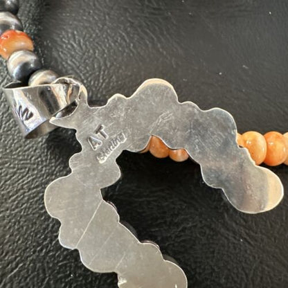 Navajo Orange Spiny Oyster Inlay Naja Pendant | Sterling Silver | Authentic Native American Handmade | 17428