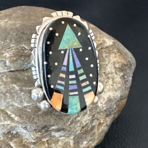 Navajo Green Turquoise Spiny Oyster Inlay Ring | Sterling Silver | Sz 7.5 | 16333