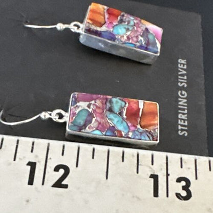 Navajo Blue Turquoise & Red Spiny Oyster Inlay Dangle Earrings | Sterling Silver | Native American Handmade | 15576