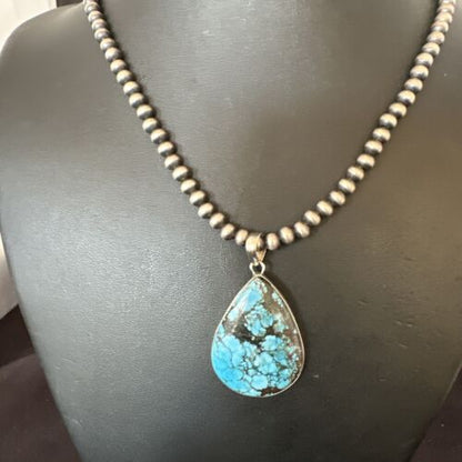 Men's Navajo Blue Spiderweb Turquoise Pendant Necklace | Sterling Silver | Authentic Native American Handmade | 16302