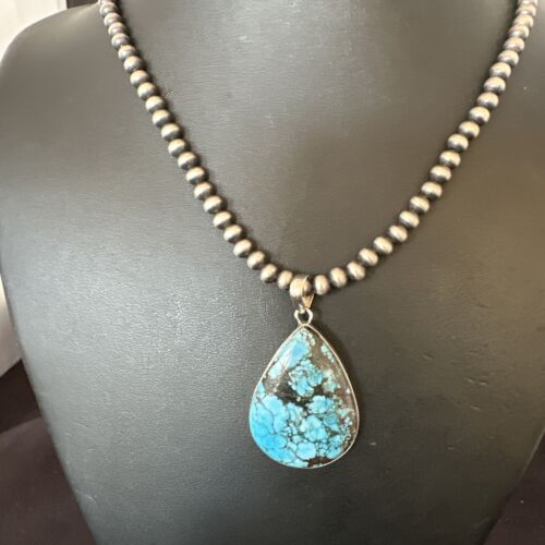Men's Navajo Blue Spiderweb Turquoise Pendant Necklace | Sterling Silver | Authentic Native American Handmade | 16302