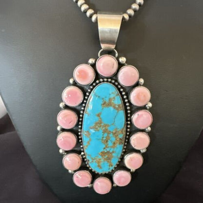 XXL Pink Conch Naja Pendant | Blue Turquoise | Navajo Sterling Silver Necklace 21" | Multi-Stone | 17426