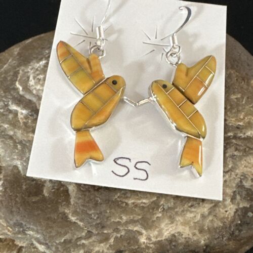 Navajo Orange Spiny Oyster Hummingbird Dangle Earrings | Sterling Silver | Authentic Native American Handmade | 15089