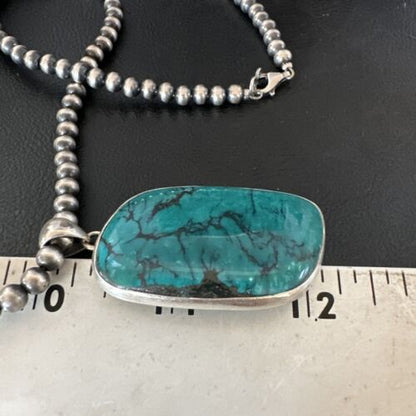 Men's Navajo Blue Spiderweb Turquoise Pendant Necklace | Sterling Silver | Authentic Native American Handmade | 16209