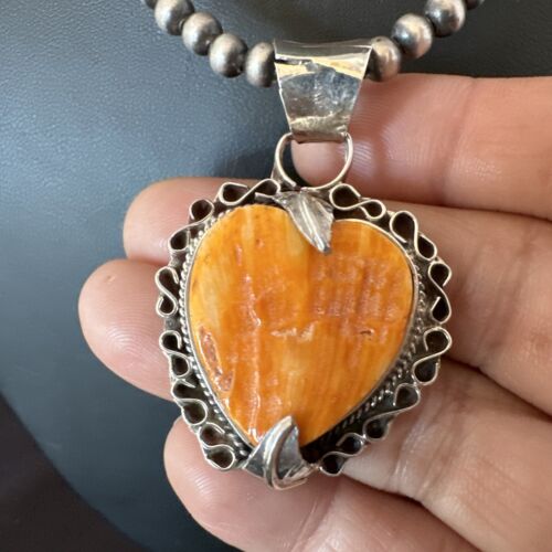 Navajo Orange Spiny Oyster Heart Pendant Necklace | Sterling Silver | Authentic Native American Handmade | 16295