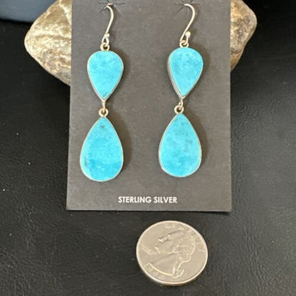 Navajo Blue Kingman Turquoise Dangle Earrings | Sterling Silver | Authentic Native American Handmade | 15122