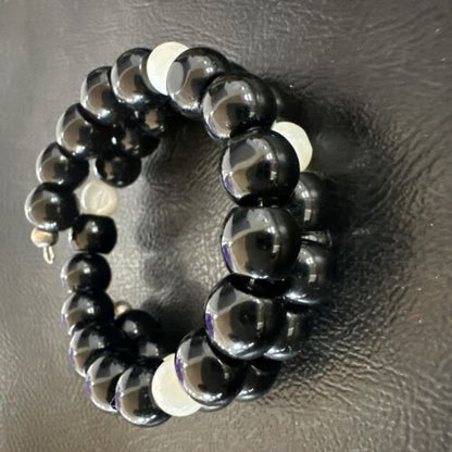 Memory Wire Stainless Steel Bracelet | Black Onyx & Mother of Pearl Beads | 17619