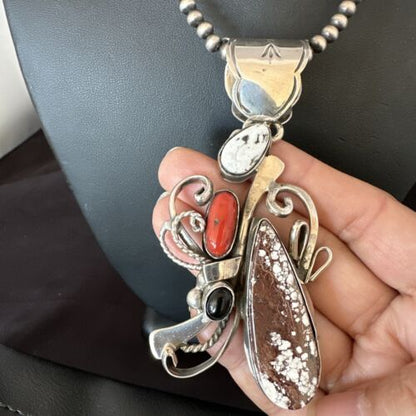 Navajo Sterling Silver Coral Wild Horse Necklace Pendant | Multi-Stone | Authentic Native American Handmade | 15946
