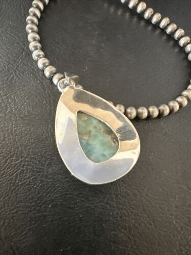Navajo Blue Larimar Pendant Necklace | Sterling Silver Beads | Authentic Native American Handmade | 17602