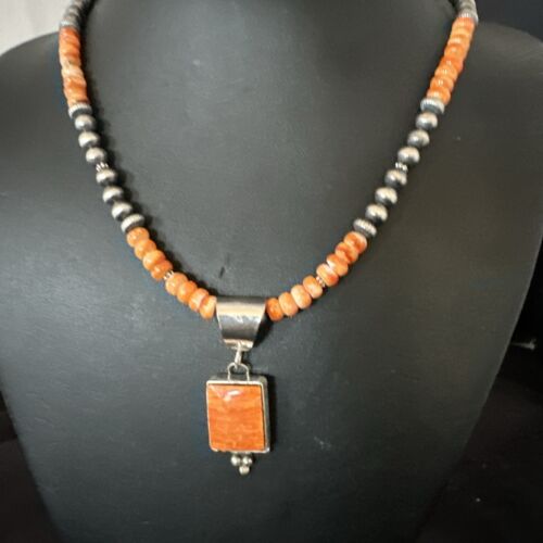 Navajo Pearls Necklace with Orange Spiny Oyster Pendant | Sterling Silver | Authentic Native American Handmade | 17050
