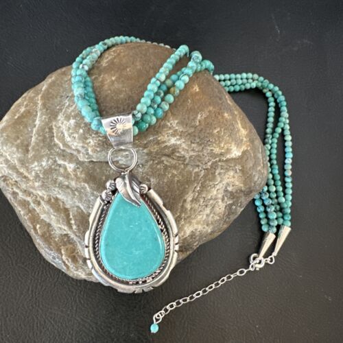 Navajo Blue Turquoise Pendant | Sterling Silver 3-Strand Bead Necklace | 17" | Authentic Native American Handmade | 15998