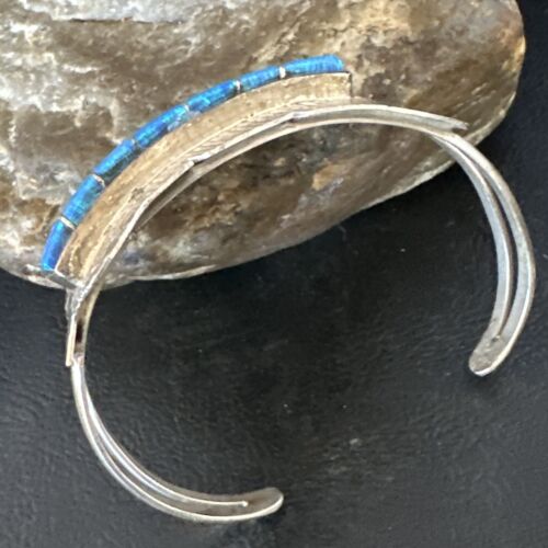 Navajo Sterling Silver Bracelet with Blue Fire Opal Inlay | 7" | Authentic Native American Handmade | 15070