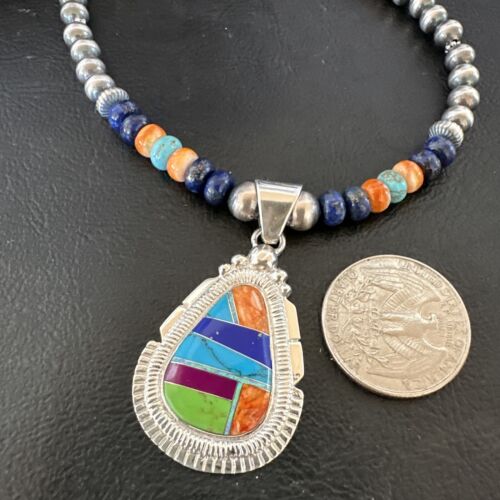 Navajo Lapis Spiny Oyster Turquoise Inlay Pendant Necklace | Sterling Silver | 21" | Authentic Native American Handmade | 16628