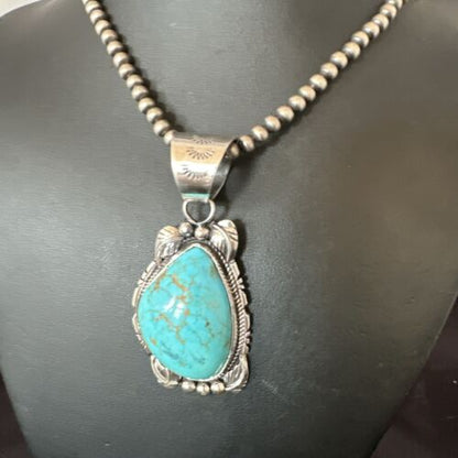 Navajo Men's Blue Kingman Turquoise Pendant Necklace | Sterling Silver | Authentic Native American Handmade | 17477