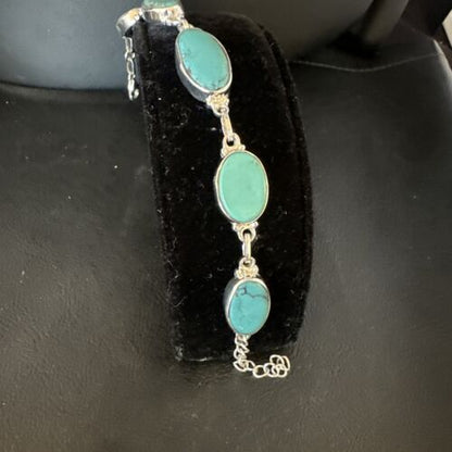 Navajo Blue Turquoise Link Bracelet | Sterling Silver | 8" | Authentic Native American Handmade | 15467