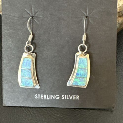 Navajo Blue Faux Opal Inlay Dangle Earrings | Sterling Silver | 1" | Authentic Native American Handmade | 17439