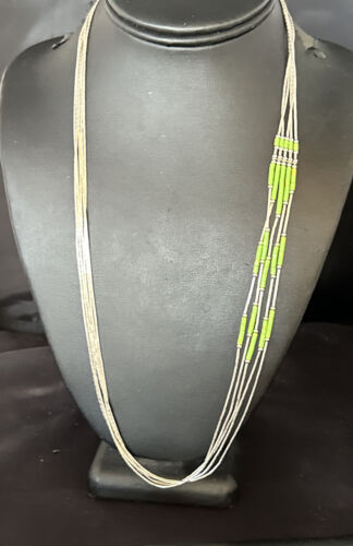 Navajo Green Gaspeite Heishi Bead Necklace | 5 Strand | Sterling Silver | 25" | 15133