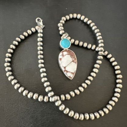 Navajo Wild Horse Blue Kingman Turquoise Necklace | Sterling Silver | Authentic Native American Handmade | 17318