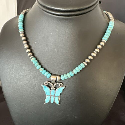 Navajo Butterfly Blue Ridge Turquoise Inlay Pendant | Sterling Silver Necklace | Authentic Native American Handmade | 17059