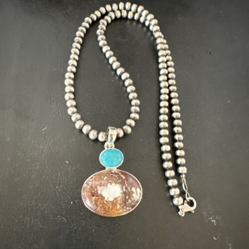 Navajo Wild Horse Blue Kingman Turquoise Necklace | Sterling Silver | 17337