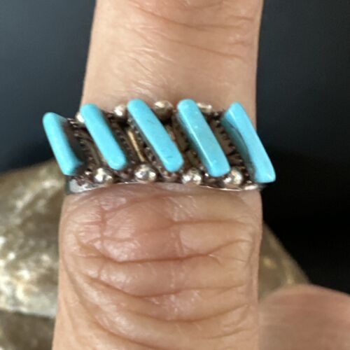 Zuni Blue Turquoise Needle Point Ring | Authentic Native American Sterling Silver | Multi-Stone | Sz 6.5 | 15400