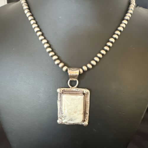 White Buffalo Turquoise Pendant | Navajo Pearls Sterling Silver Necklace | Authentic Native American Handmade | 17104