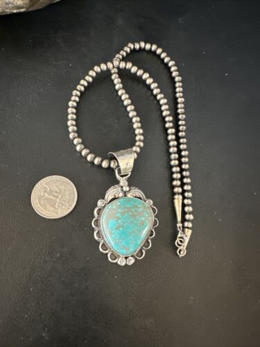 Navajo Pearls Sterling Silver Necklace with Blue Turquoise #8 Pendant | Authentic Native American Handmade | 14858