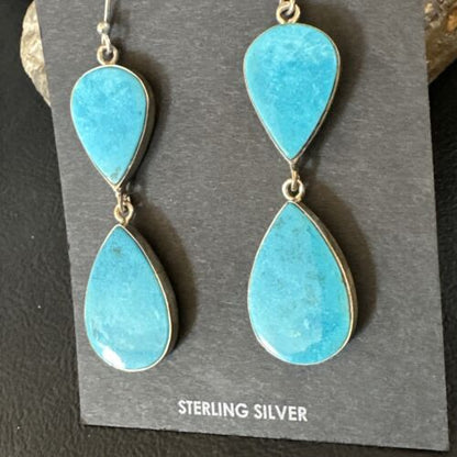 Navajo Blue Kingman Turquoise Dangle Earrings | Sterling Silver | Authentic Native American Handmade | 15122