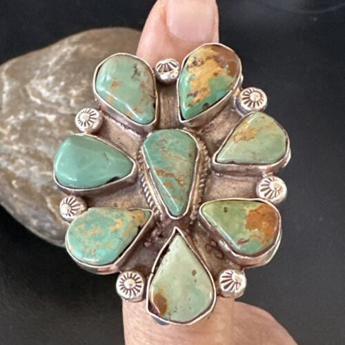 Navajo Green Turquoise Cluster Ring | Authentic Native American Sterling Silver | Multi-Stone | Sz 7 | 16859