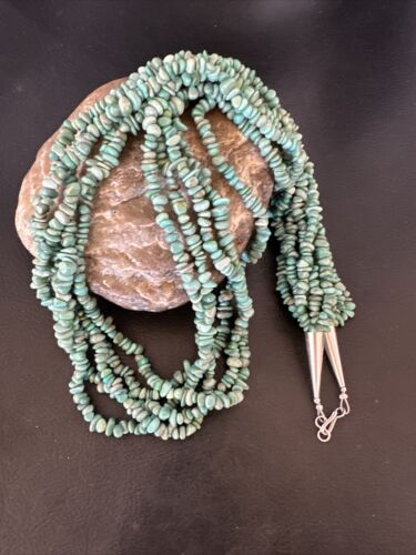 Navajo Green Turquoise Nugget Necklace | 5 Strand | Sterling Silver | Authentic Native American Handmade | 16321
