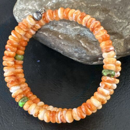 Navajo Orange Spiny Oyster & Green Turquoise Bracelet | 6mm Memory Wire | Authentic Native American Handmade | 17622