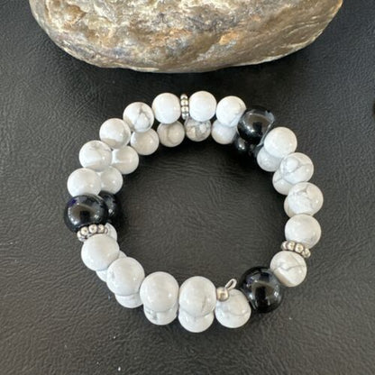 Memory Wire Stainless Steel Howlite Onyx Bead Bracelet 17617