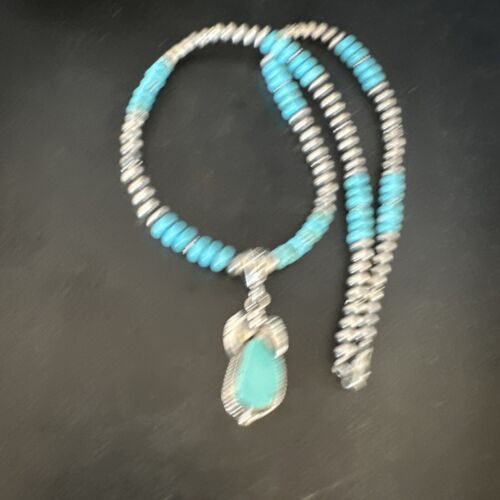 Navajo Blue Turquoise Pendant with Pearls | Sterling Silver Necklace | Authentic Native American Handmade | 15416