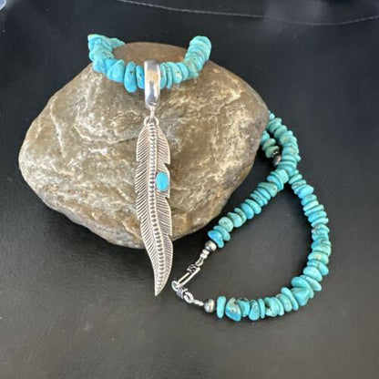 Navajo Blue Turquoise Leaf Pendant | Sterling Silver Pearls Necklace | 21" | Authentic Native American Handmade | 17540
