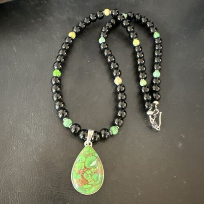 Green Mojave Turquoise & Onyx Pendant | Navajo Pearl Sterling Silver Necklace 21" | 17499